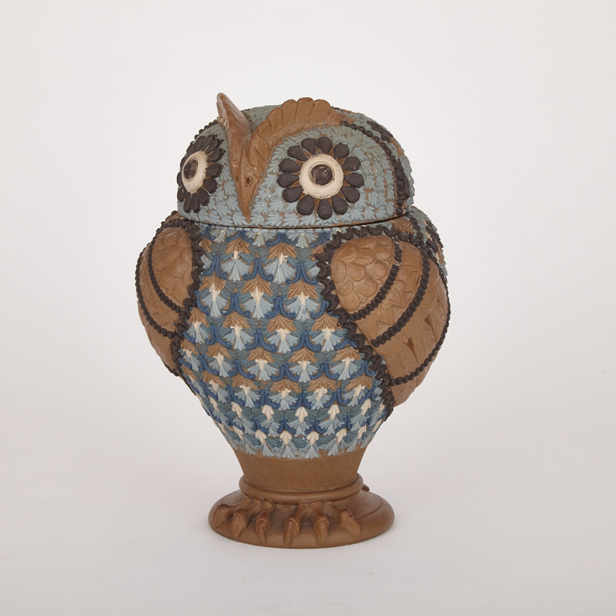 Doulton Lambeth Owl-Form Silicon Ware Covered Jar, Annie Milne, c.1880-91 