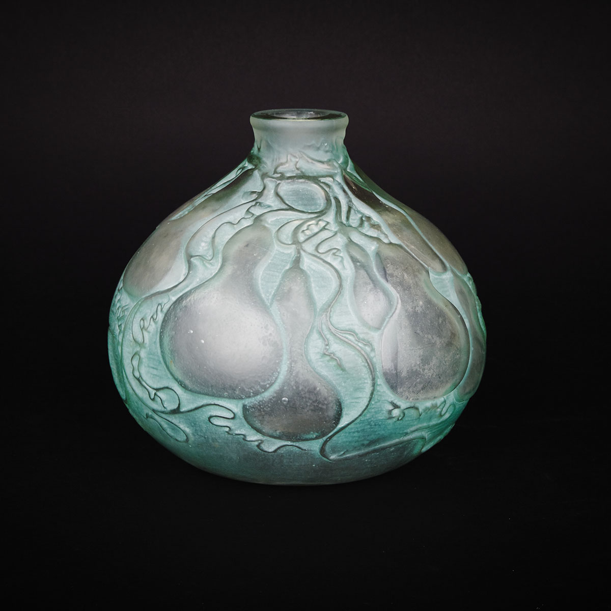 ‘Courges’, Lalique Moulded, Frosted and Green Enameled Glass Vase, c.1920