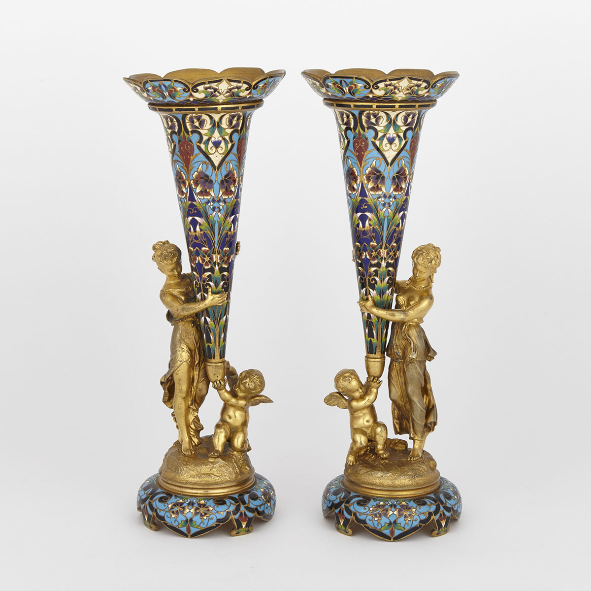 Pair of French Gilt Bronze and Champlevé Enamelled Figural Vases, c.1870
