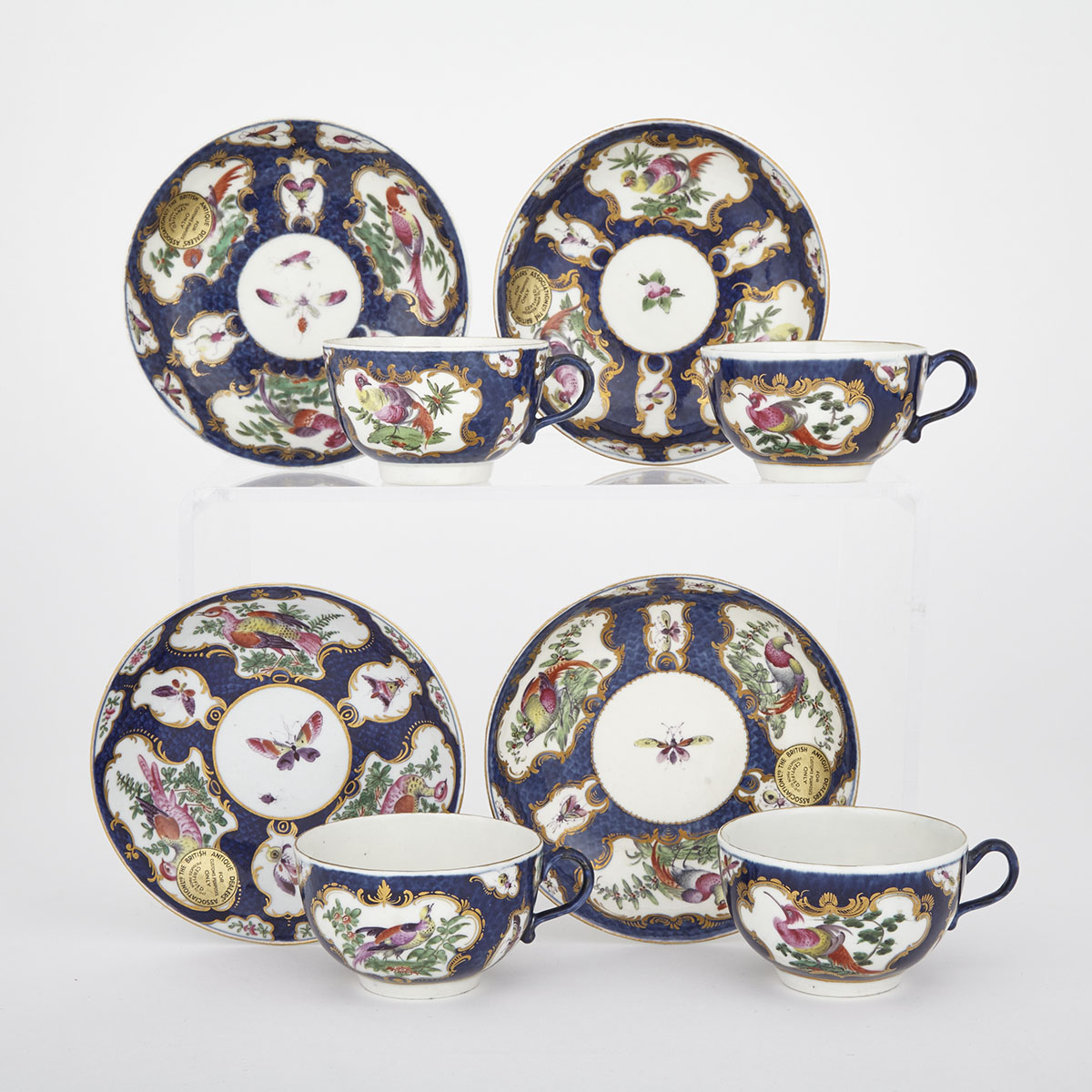 Four Worcester Blue Scale Ground Tea Cups and Saucers, c.1770