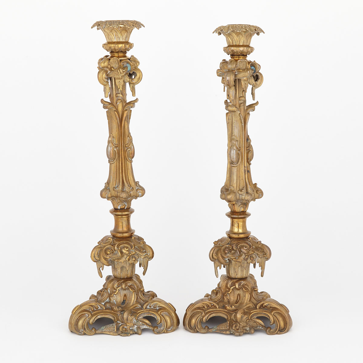 Large Pair of Rococo Style Gilt Bronze Altar Candlesticks, 19th century