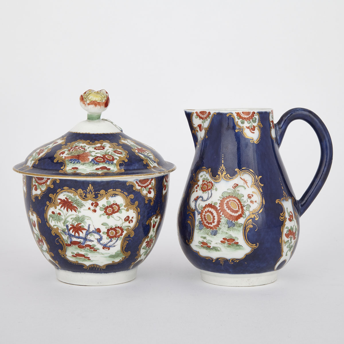 Worcester Blue Scale Ground Cream Jug and Covered Sucrier, c.1770