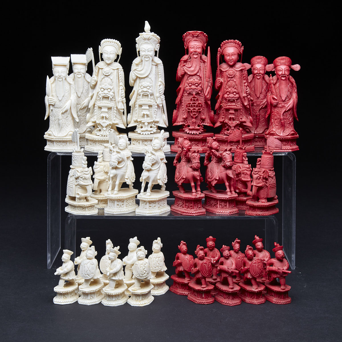 Chinese Carved Ivory Figural Chess Set, 19th century