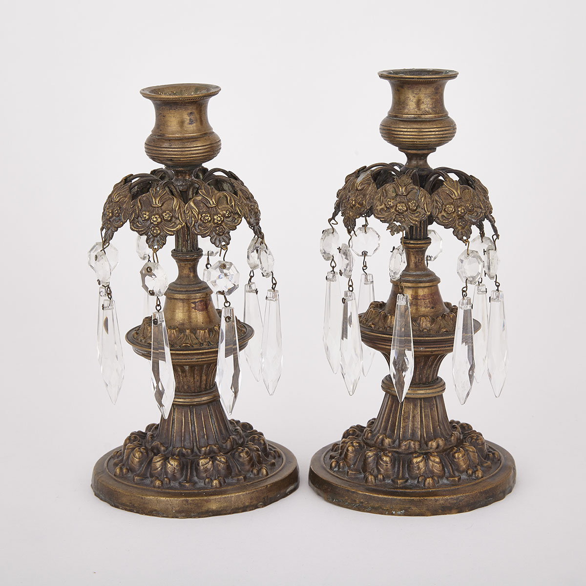 Pair of Regency Bronze and Cut Glass Lustre Candle Sticks, early 19th century