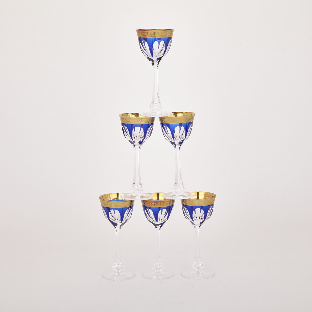 Six Moser Blue Overlaid, Cut, Etched and Gilt Glass Wine Goblets, 20th century