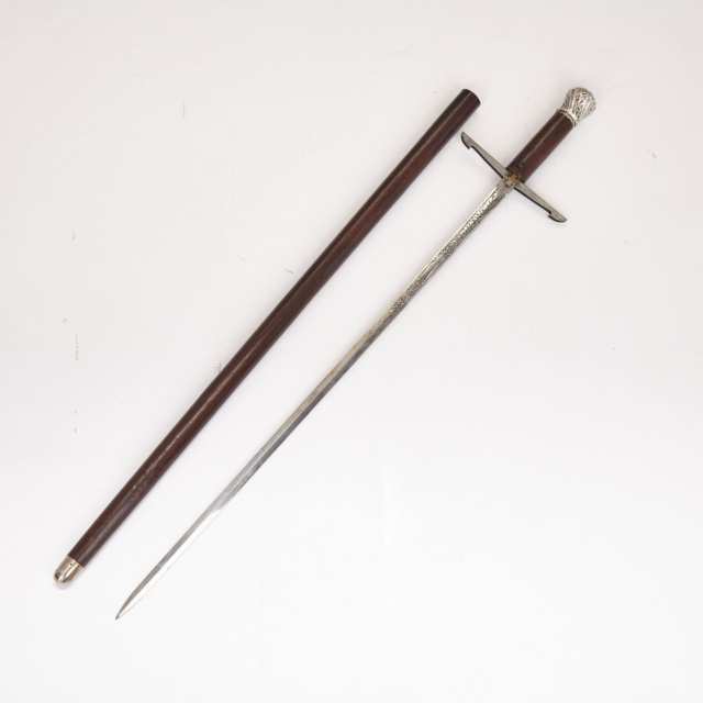 German Silver Mounted Mahogany Sword Gadget Cane, Coulaux et Cie., Klingenthal, late 19th century