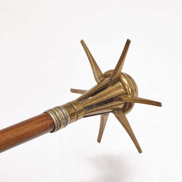 French Gilt Brass and Elm Mace Gadget Cane, 19th century