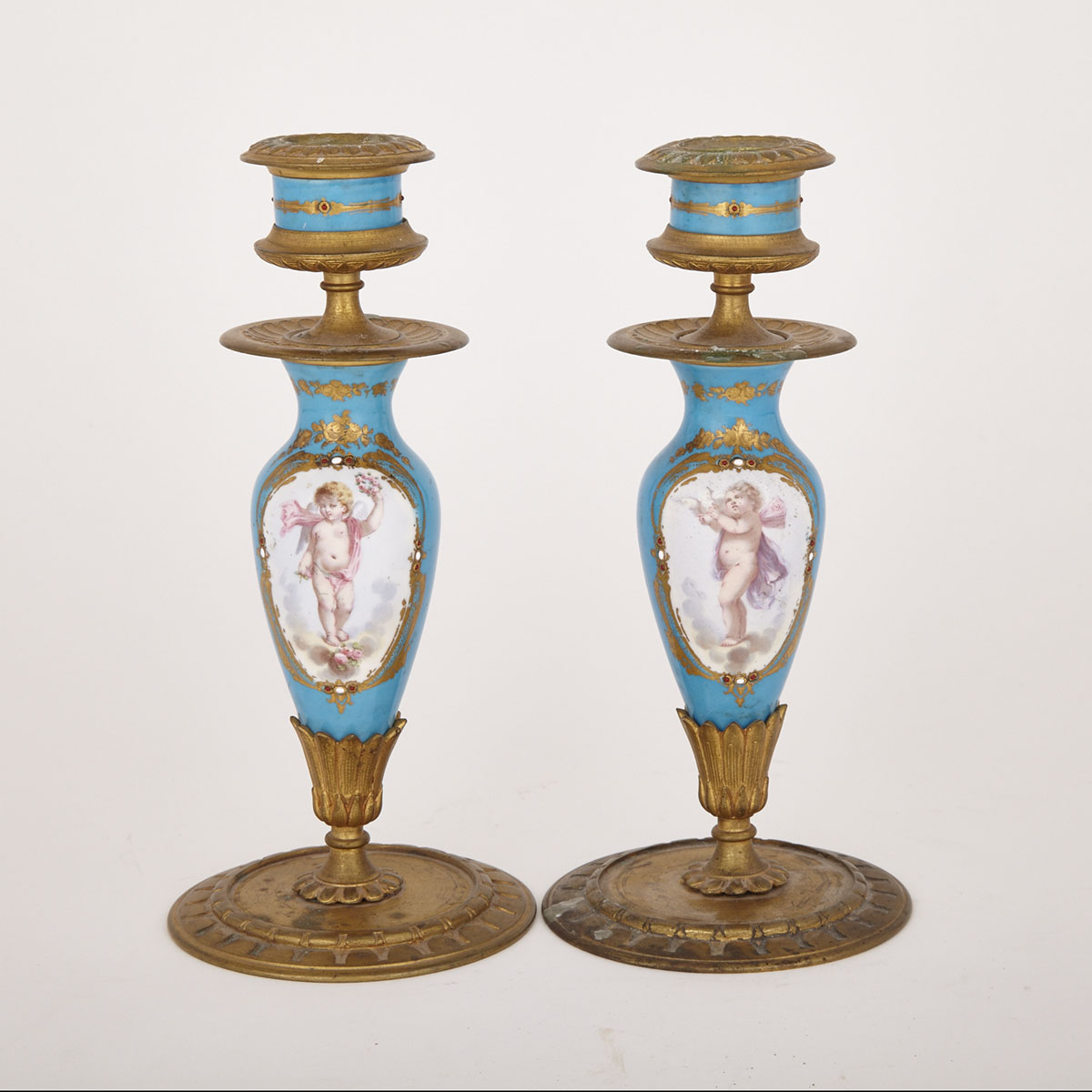 Pair of Ormolu Mounted ‘Sèvres’ Bleu Celeste Ground Candlesticks, late 19th century