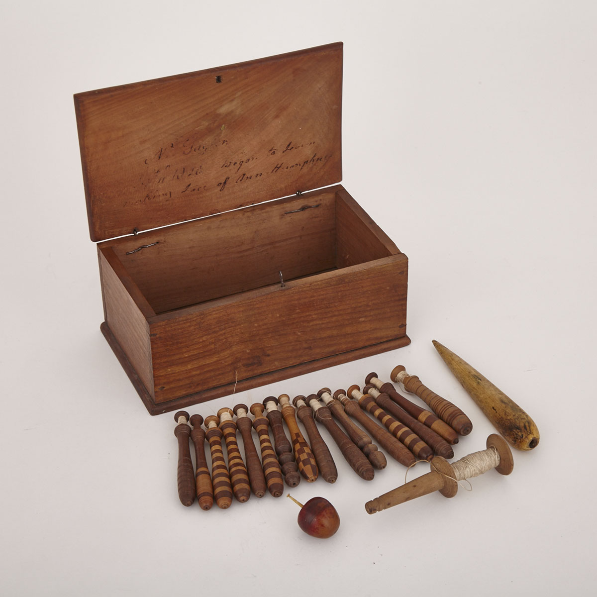 English Walnut Lace Making Box and Accessories, c.1825
