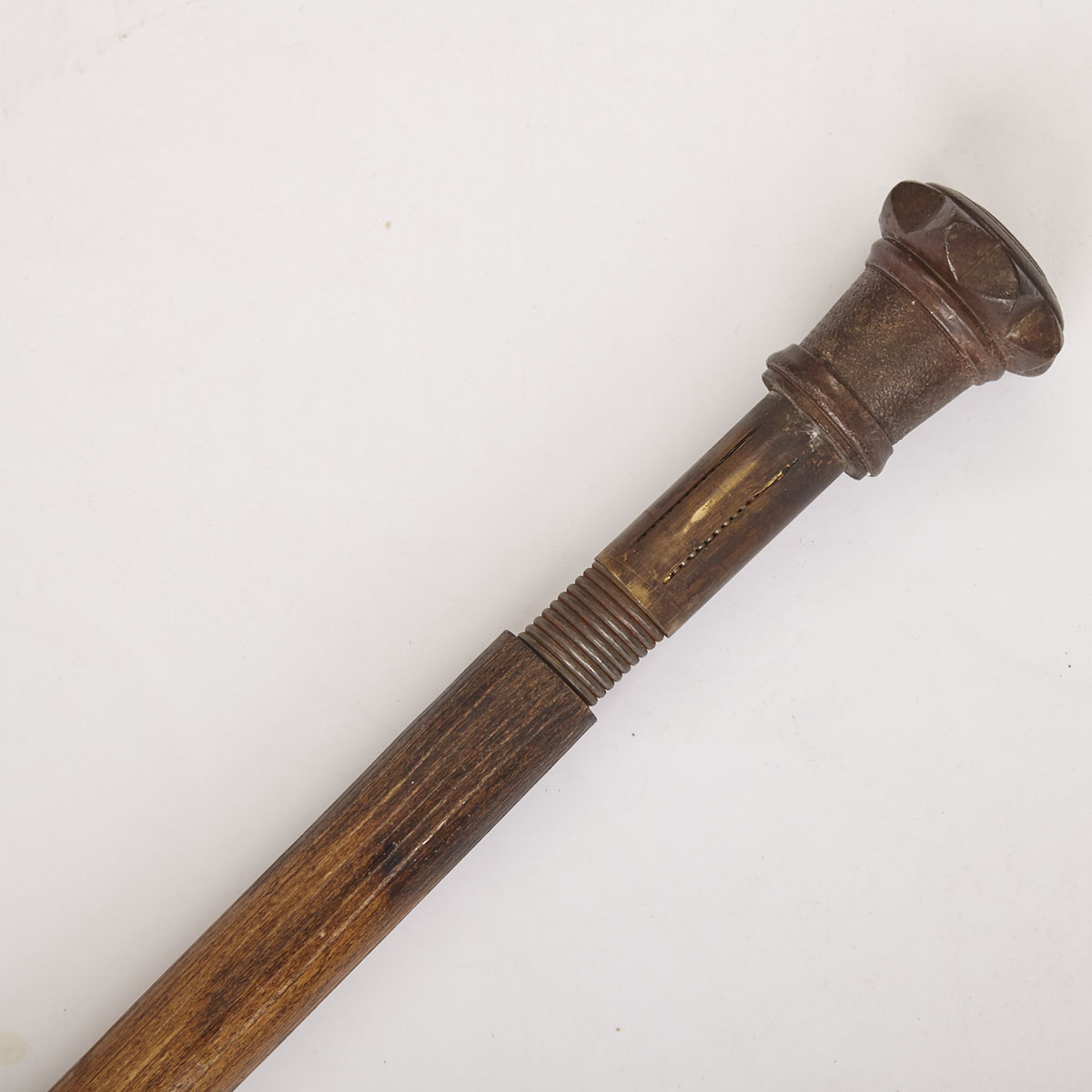 Victorian Brass Mounted Elm Bludgeon Flail Gadget Cane, 19th century