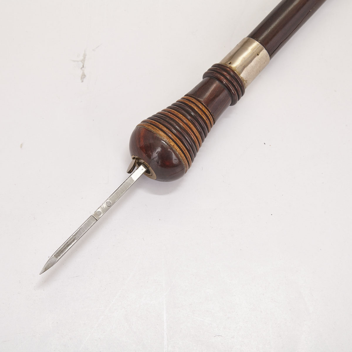Edwardian Rosewood and Specimen Wood Stiletto Dagger Gadget Cane, early 20th century