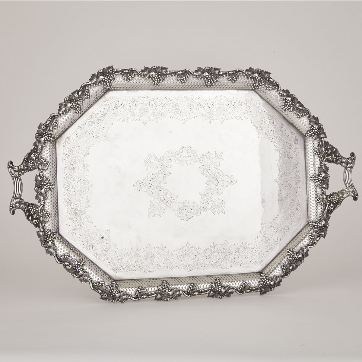 English Silver Plated Two-Handled Serving Octagonal Tray, Ellis-Barker Co., 20th century