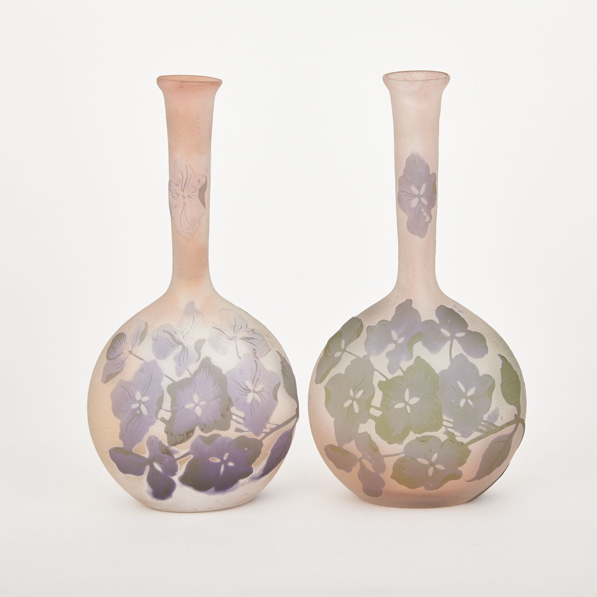 Pair of Gallé Clematis Cameo Glass Vases, early 20th century
