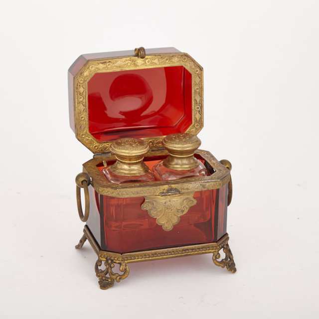 Victorian Ormolu Mounted Red Glass Two Bottle Perfume Tantalus, 19th century