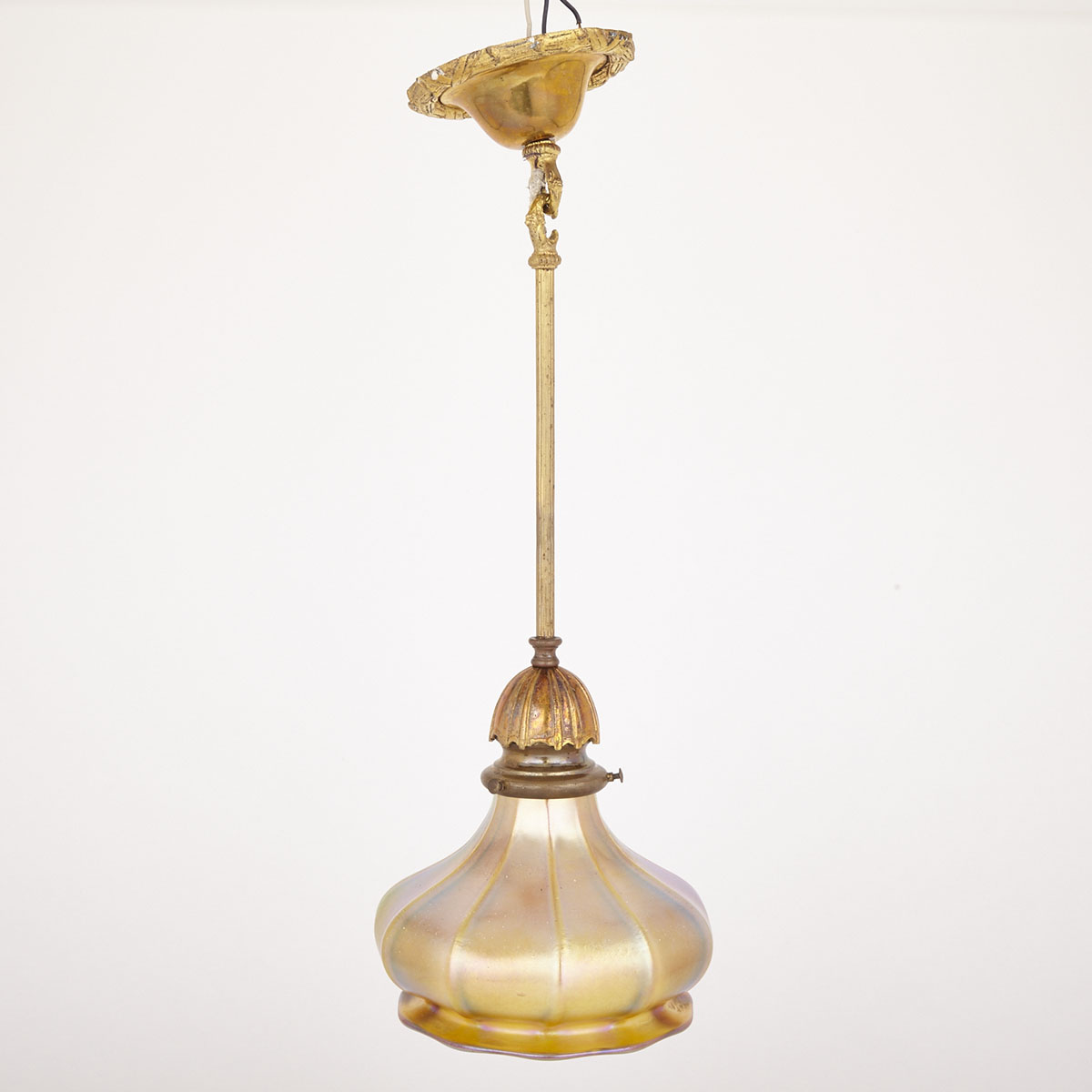 Quezal Aurene Glass and Gilt Brass Hanging Hall Fixture, c.1900