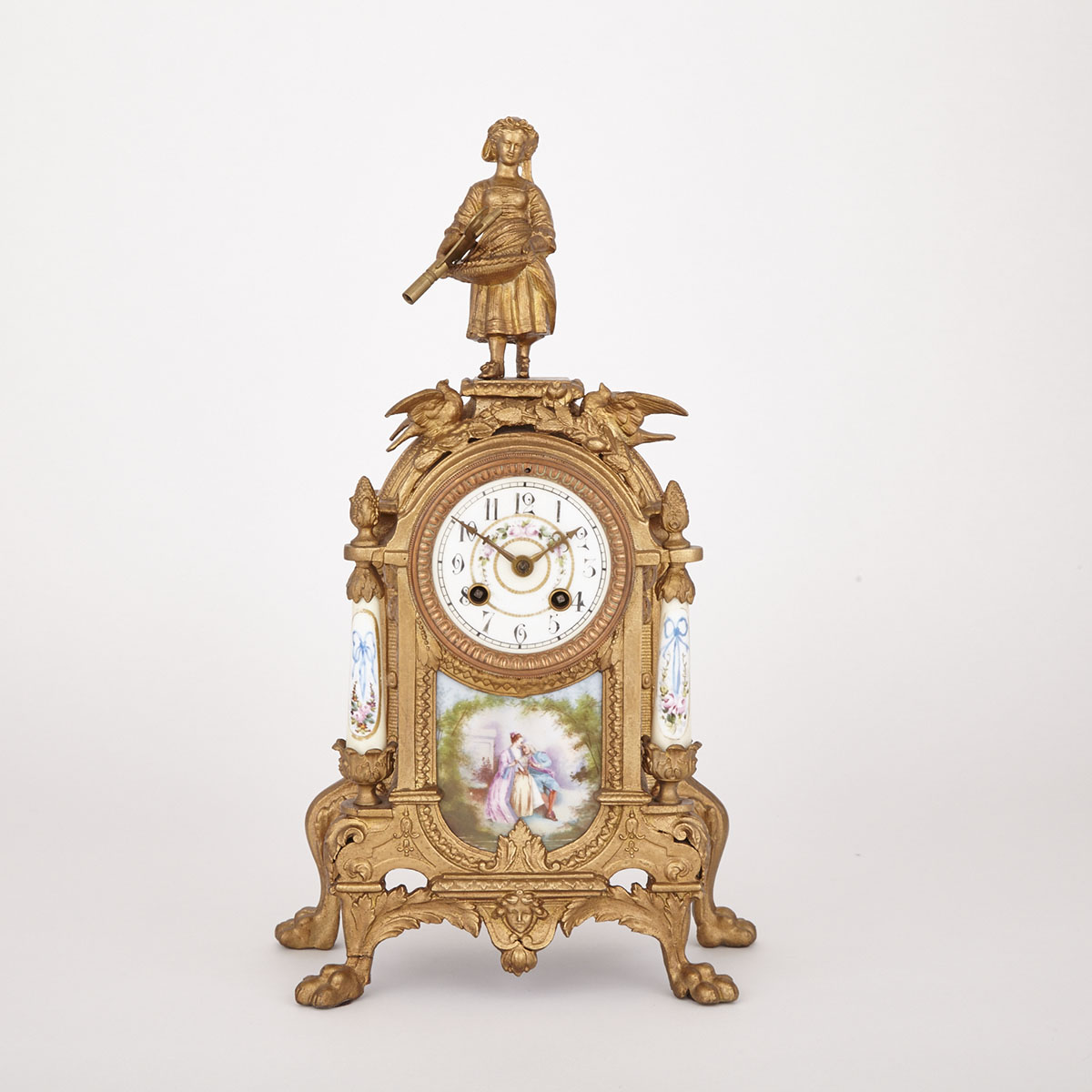 French Porcelain Mounted Gilt White Metal Mantel Clock, 19th century