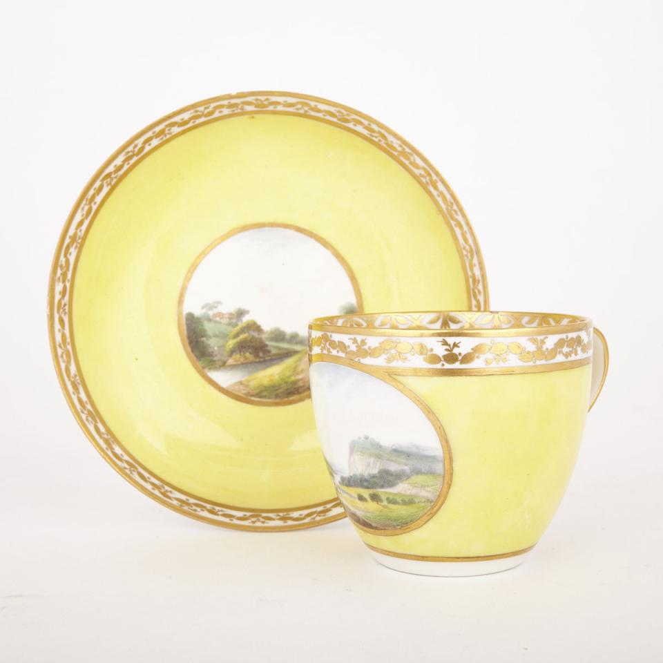 Derby Yellow Ground Topographical Cup and Saucer, c.1795