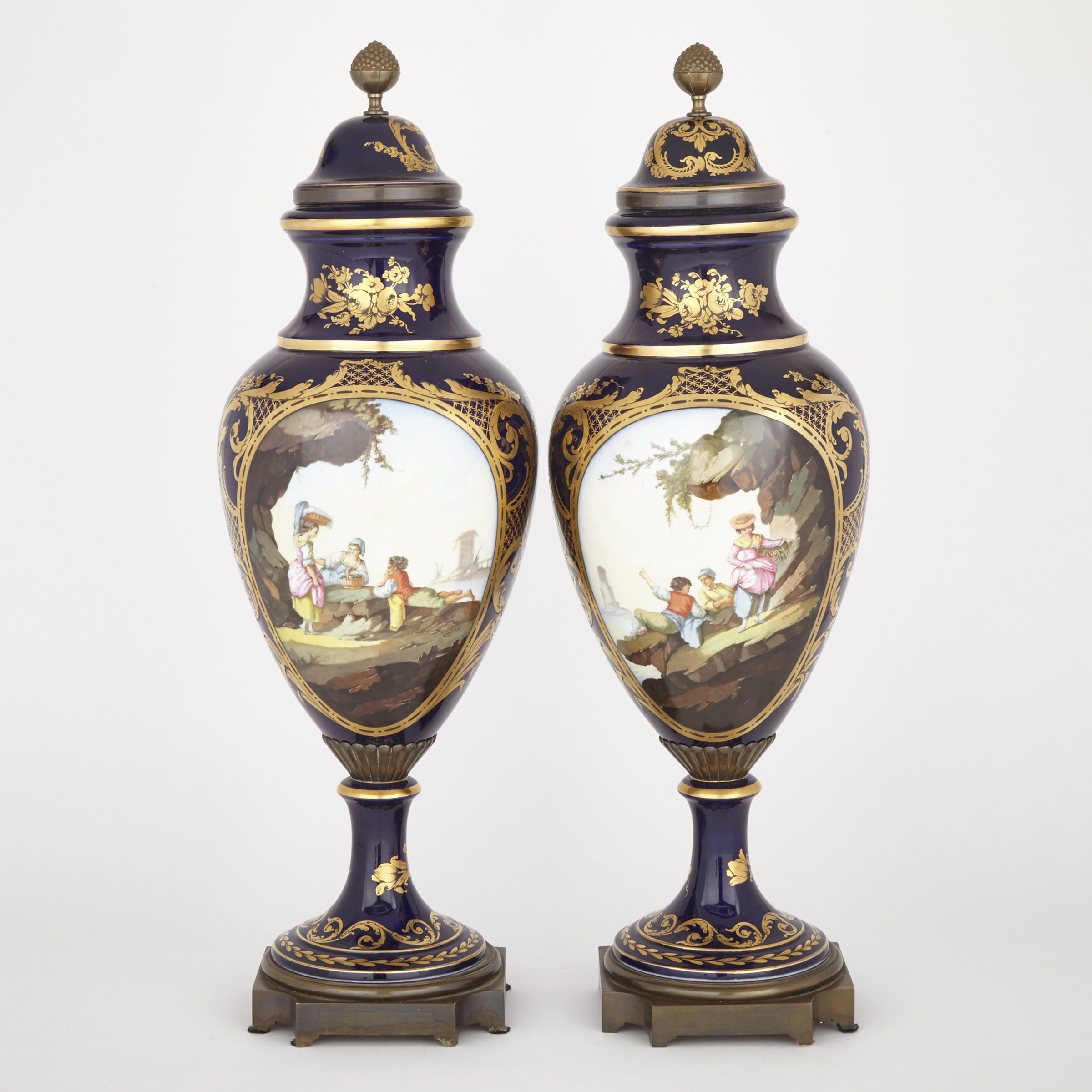 Pair of French Porcelain Blue-Ground Large Vases and Covers, 20th century