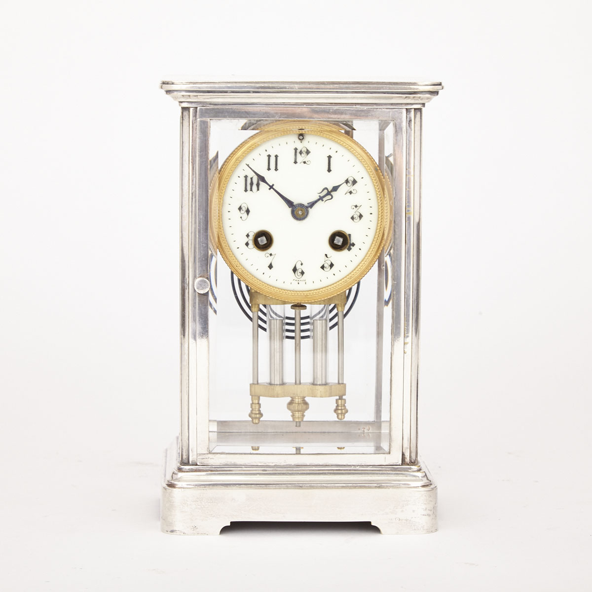 French Glass Panelled SIlver Plated ‘Crystal Regulator’ Mantel Clock, early 20th century