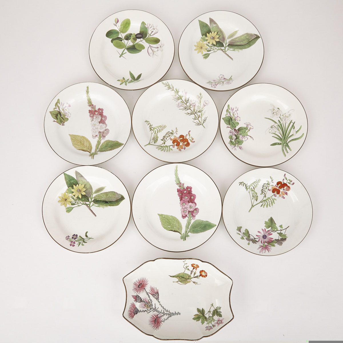 Eight Wedgwood Pearlware Botanical Plates and a Dish, 19th century