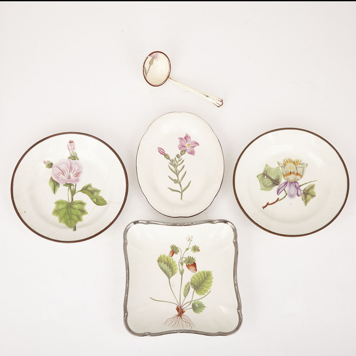Group of Three English Pearlware Botanical Plates, Dish and Ladle, early 19th century