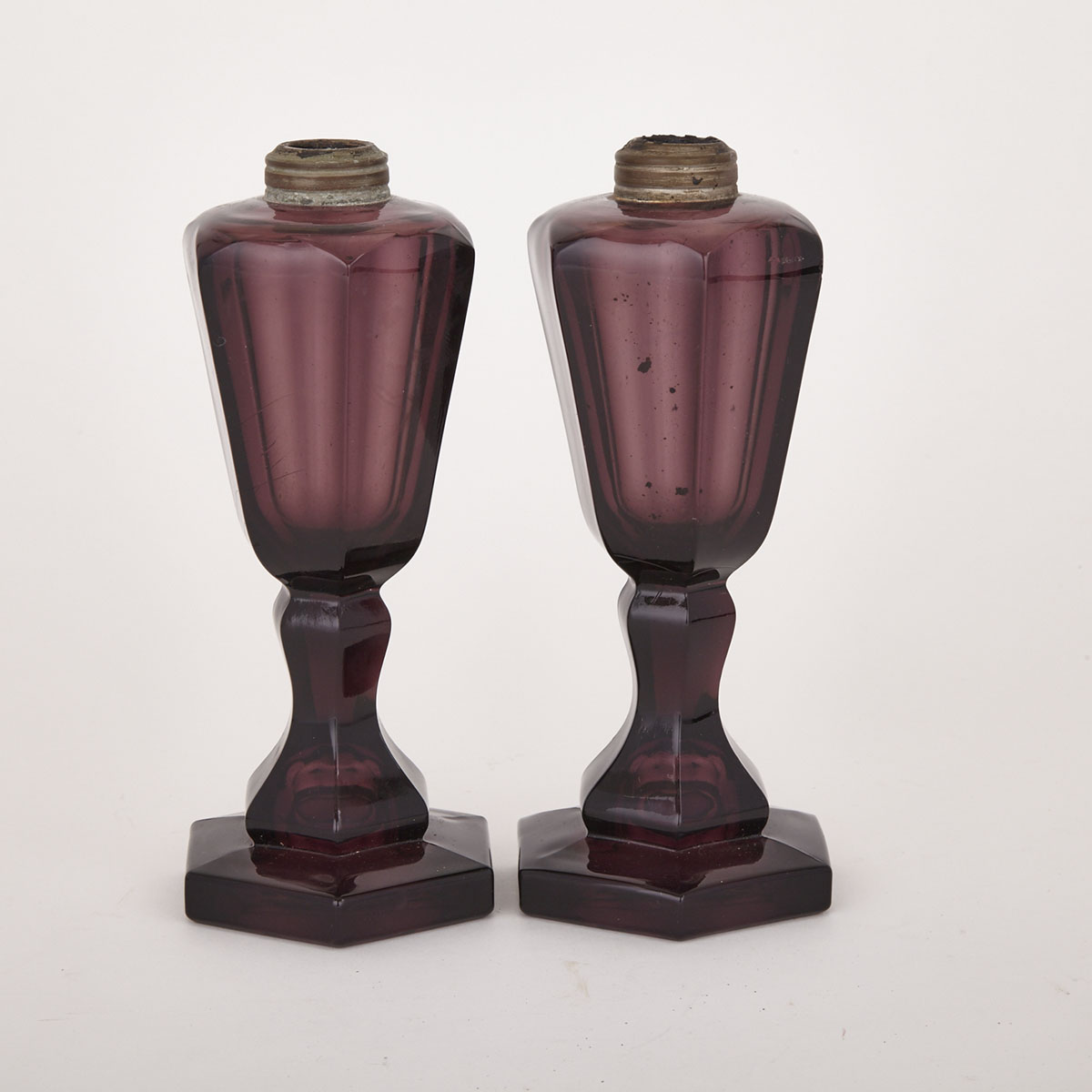 Pair of American Amethyst Glass Whale Oil Lamps, c.1840
