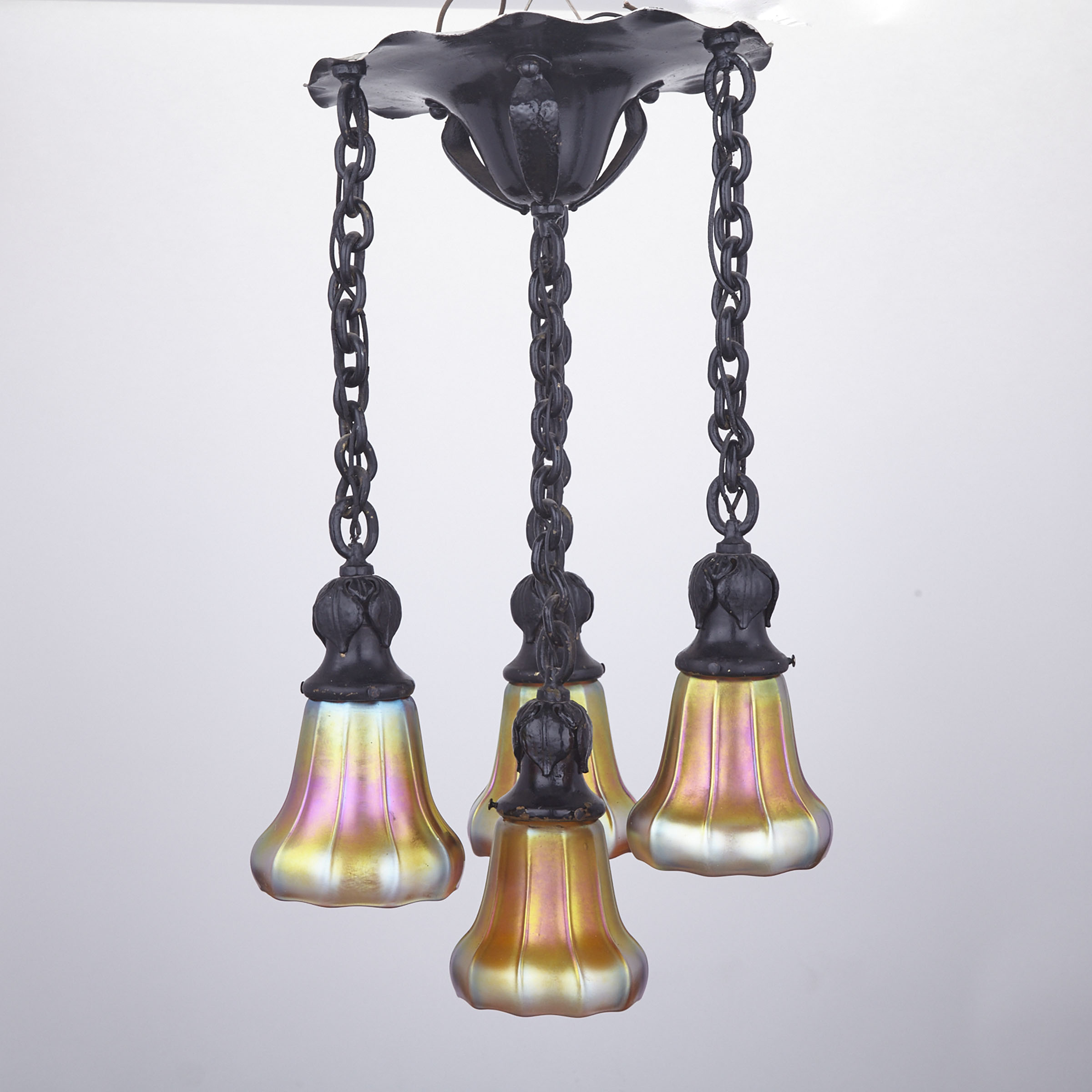 Steuben Aurene Glass and Lacquered Brass Four Light Chandelier, c.1900