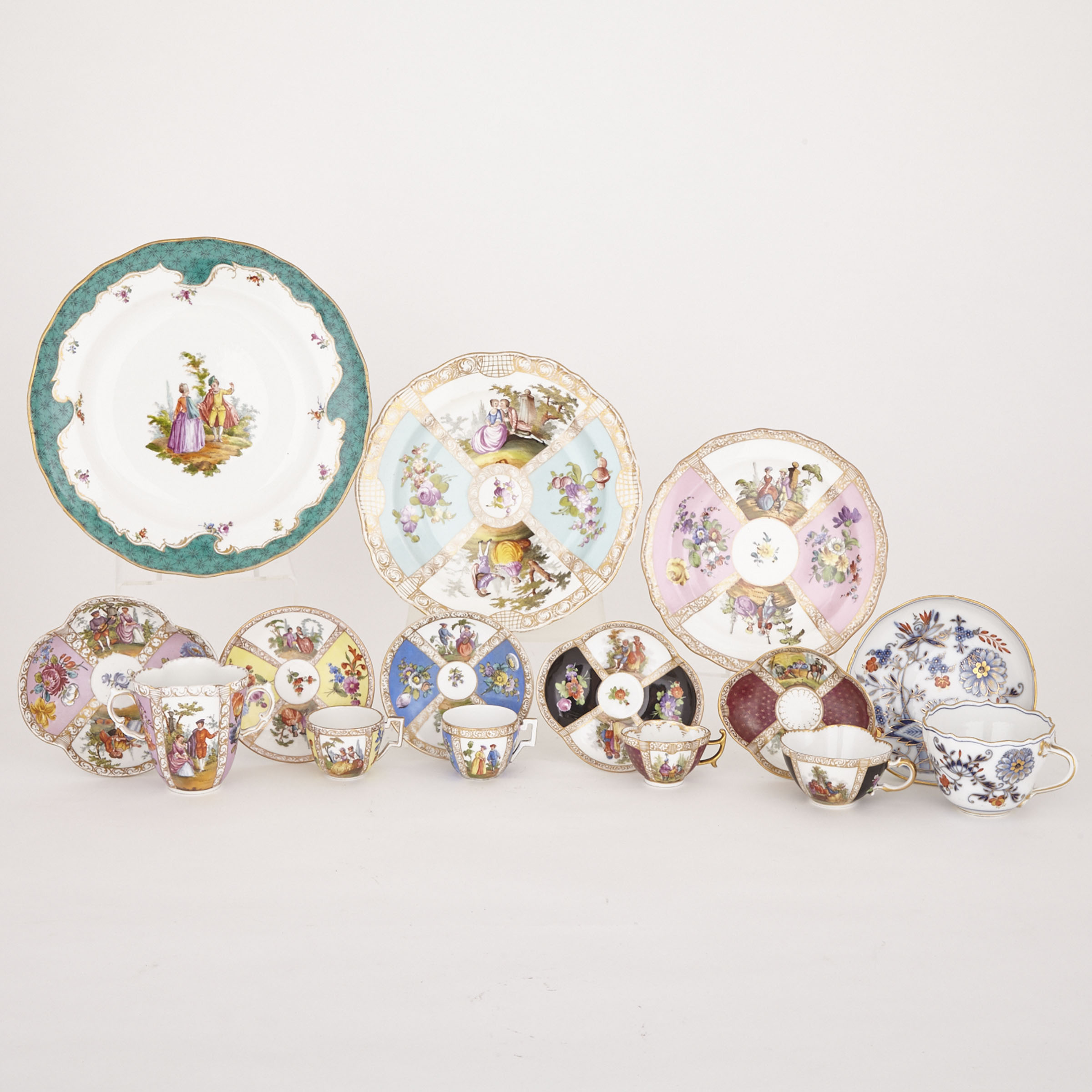Group of Meissen and Dresden Cups, Saucers and Plates, late 19th/early 20th century