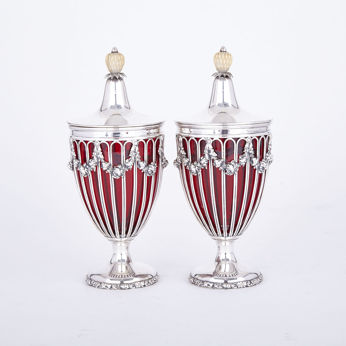 Pair of English Silver Plated Sweetmeat Vases and Covers, Barker-Ellis Co., 20th century
