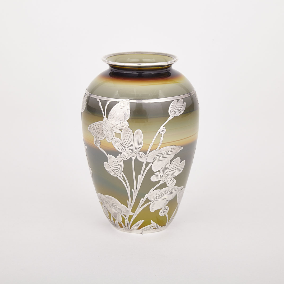 Quezal Silver Overlaid Agate Glass Vase, early 20th century