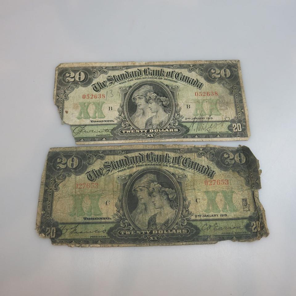 Two Standard Bank Of Canada 1919 $20 Bank Notes