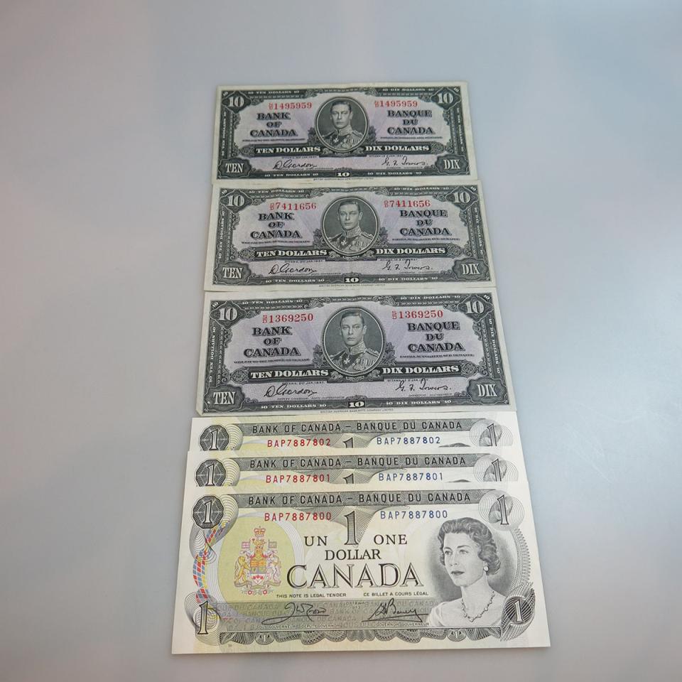 Three Canadian 1937 $10 Bank Notes
