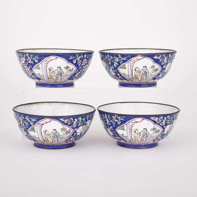 Set of Four Famille Rose Enamel Copper Bowls, Early 20th Century