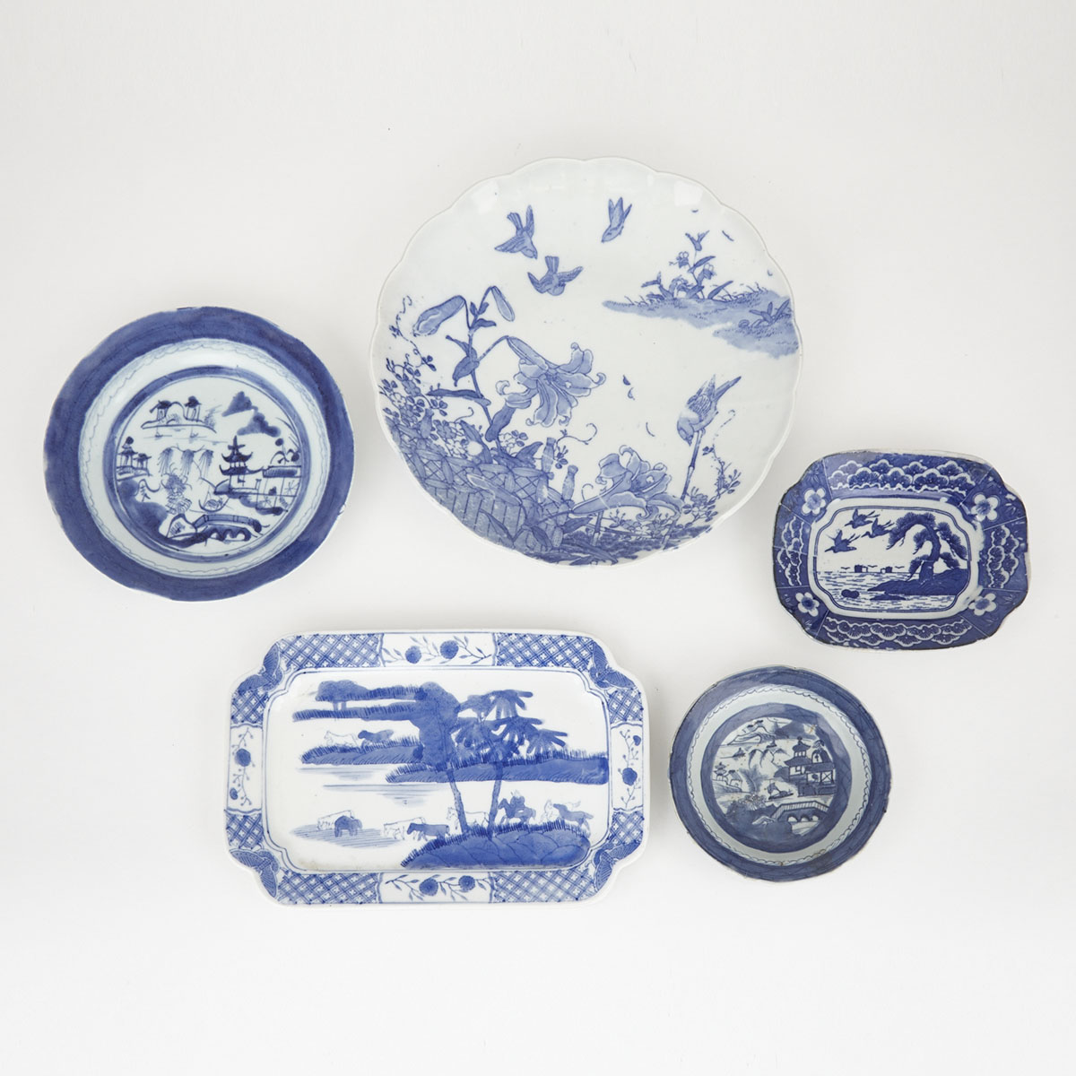 Group of Five Blue and White Dishes