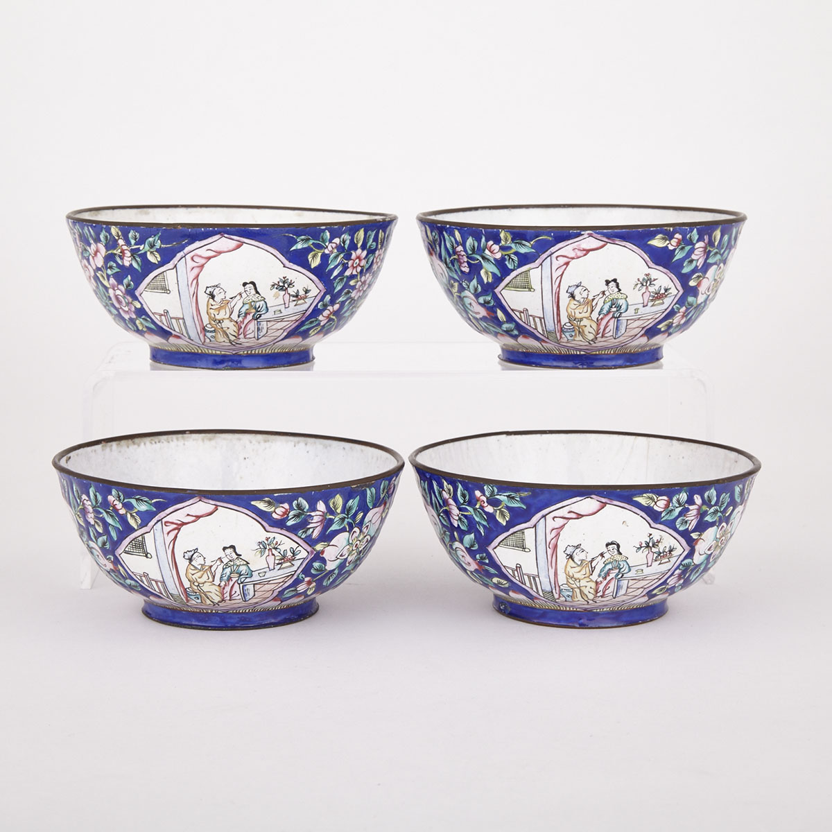 Set of Four Famille Rose Enamel Copper Bowls, Early 20th Century