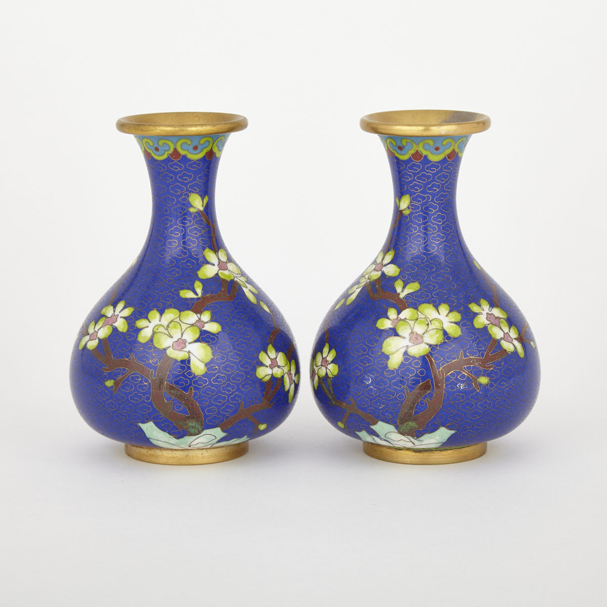 Pair of Blue-Ground Chinese Cloisonne Vases