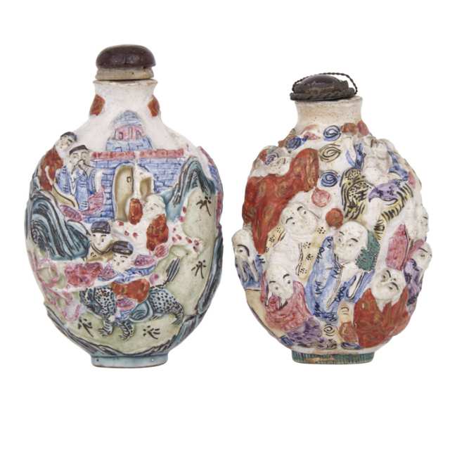 Two Famille Rose Molded Porcelain Snuff Bottles, Qianlong Mark and 19th Century 