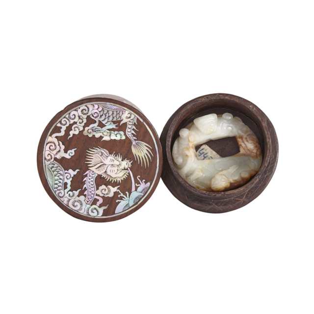 Huanghuali Mother-of Pearl Inlaid Box with Celadon Russet Chilong Jade Pendant, Song to Ming Dynasty (Box Late 19th Century)