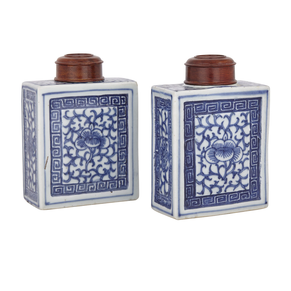 A Pair of Blue and White Tea Caddies with a Rosewood Stand and Cover, 19th Century