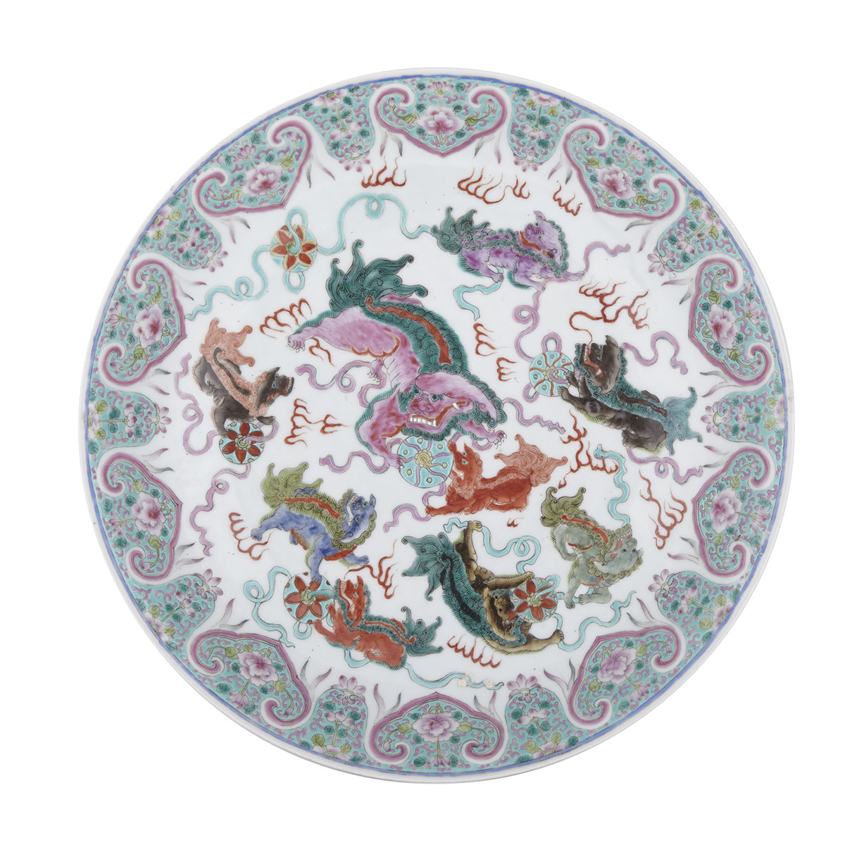Famille Rose Lion Charger, Qianlong Mark and Republic Period