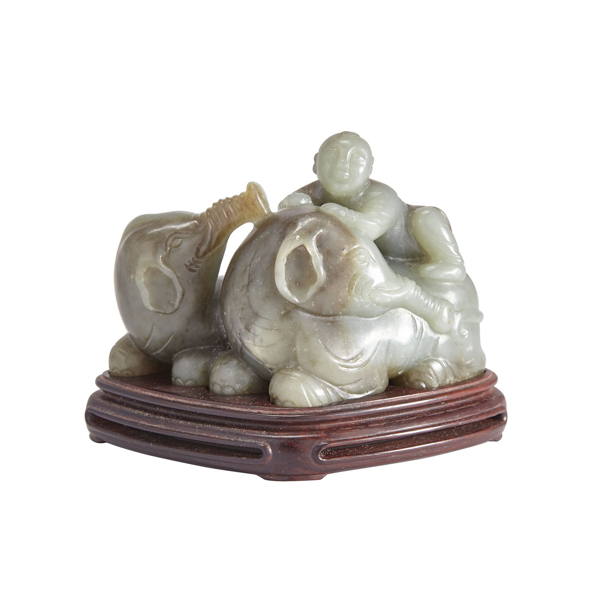 A Jade Carving of Boy and Elephants with a Zitan Stand, Qing Dynasty