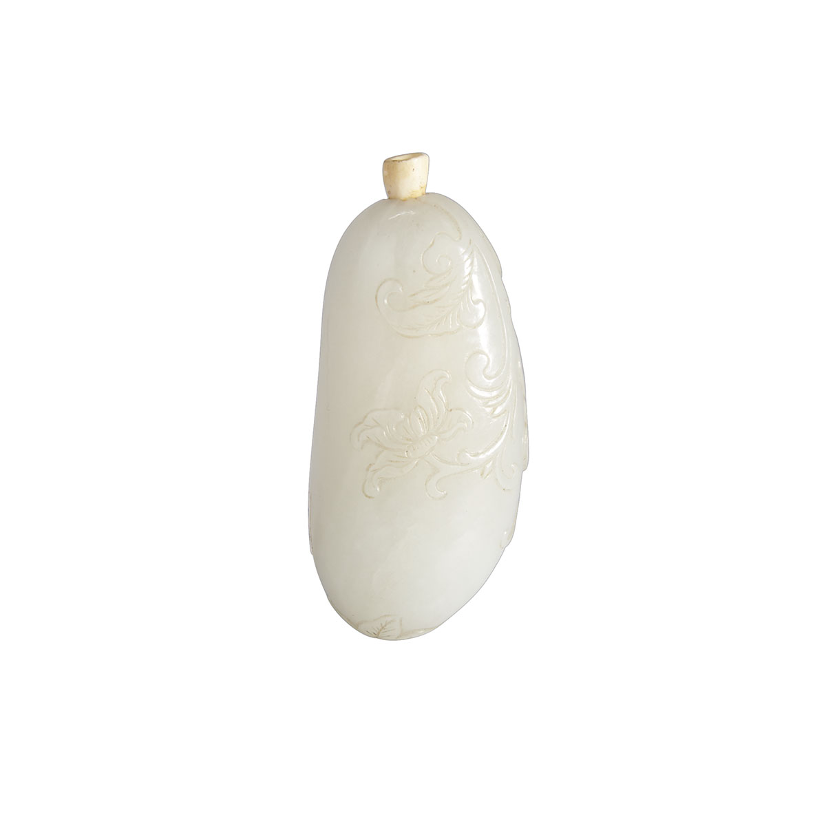 A Rare and Finely Carved White Jade Snuff Bottle, 19th Century, Circa 1820-1860