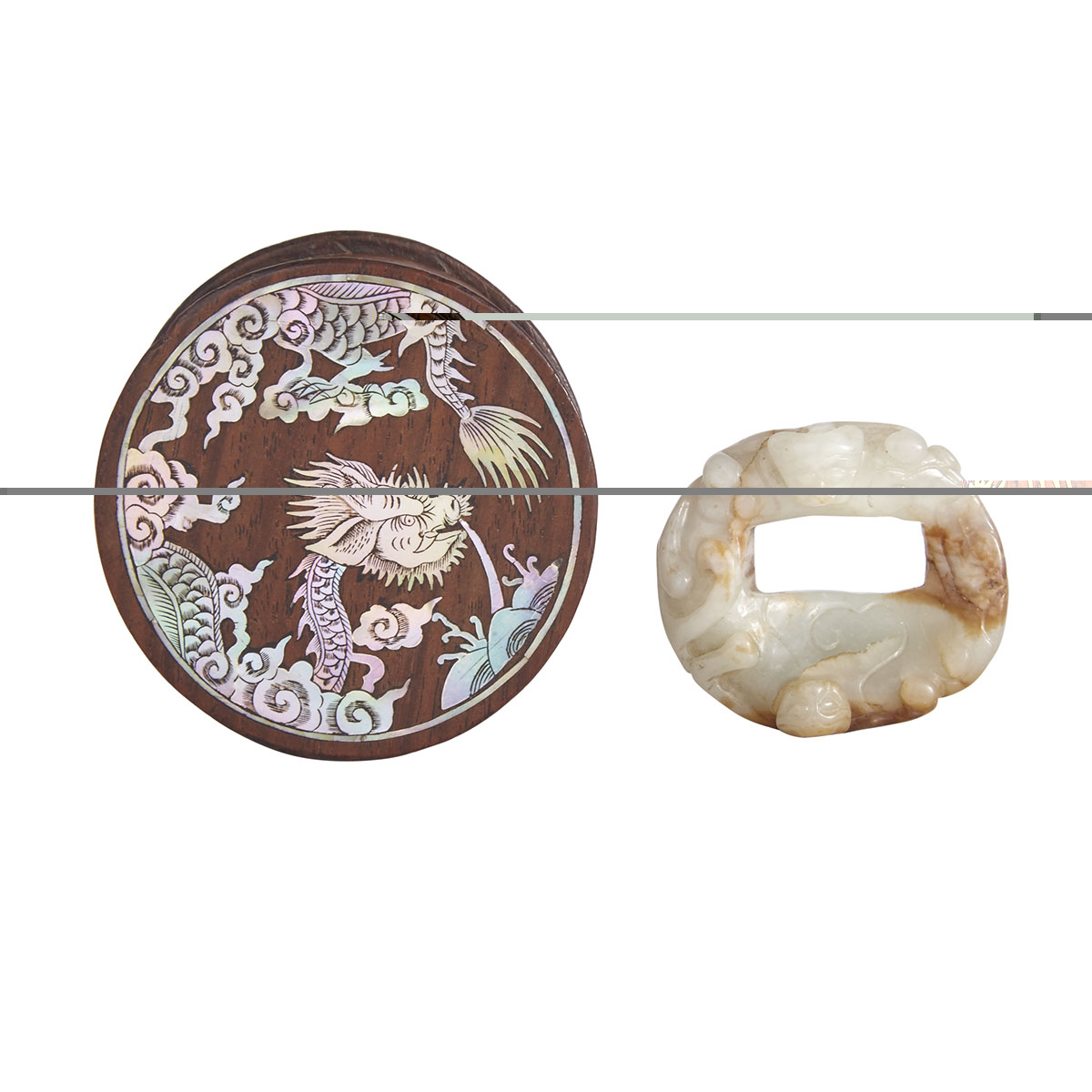 Huanghuali Mother-of Pearl Inlaid Box with Celadon Russet Chilong Jade Pendant, Song to Ming Dynasty (Box Late 19th Century)