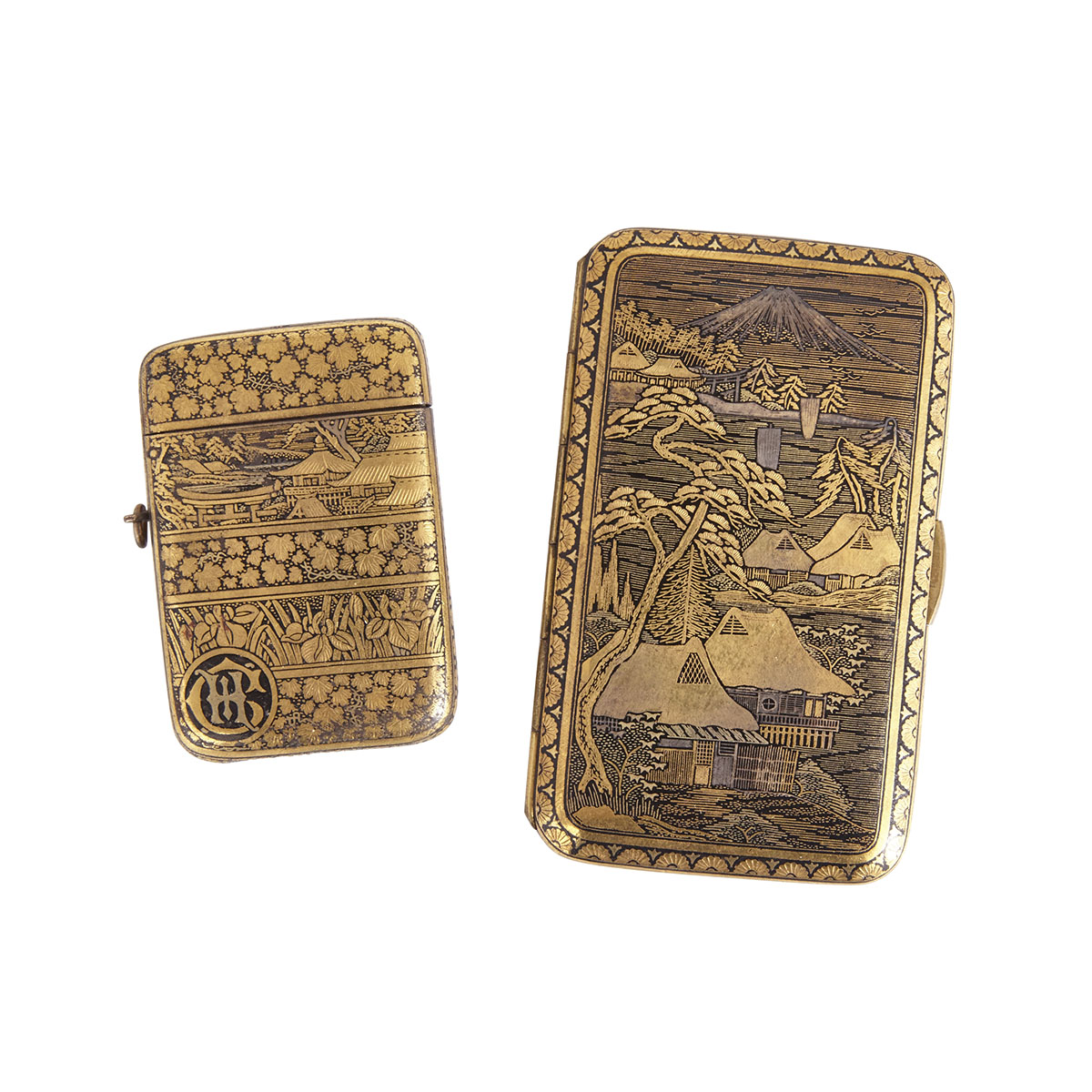 Two Japanese Komai Style Shakudo Tobacco Box and Lighter, Circa 1920