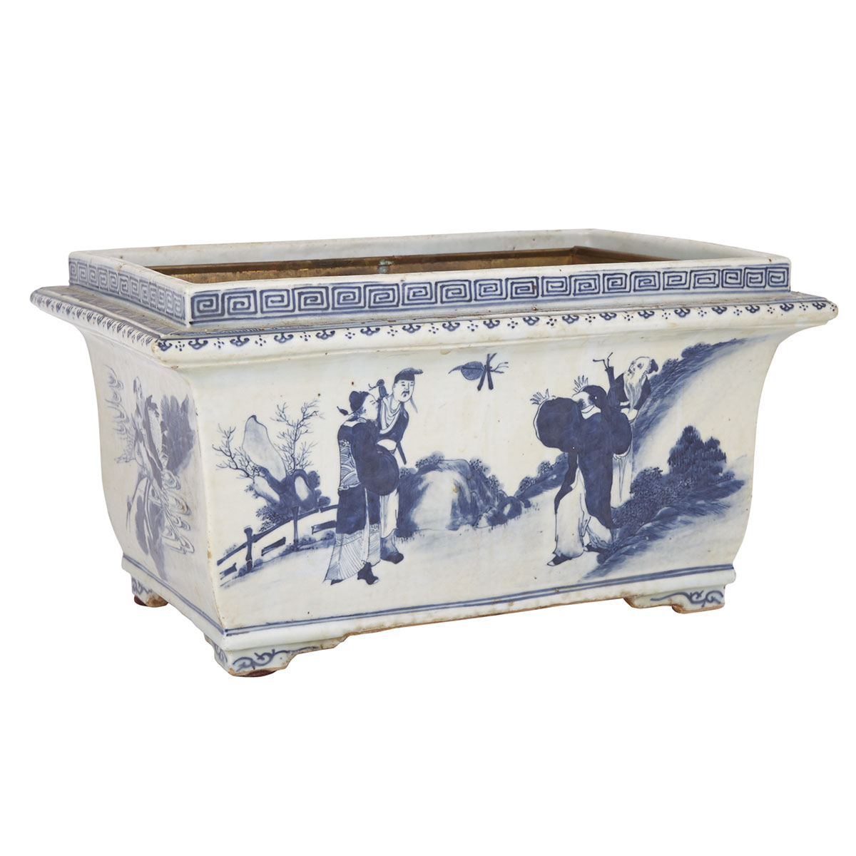 A Rectangular Blue and White Figural Planter, 19th Century