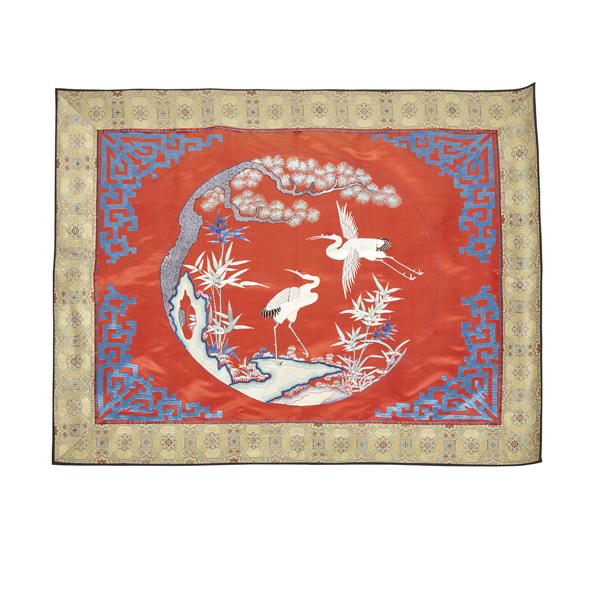 Red Ground Silk Embroidery with Cranes, 20th Century