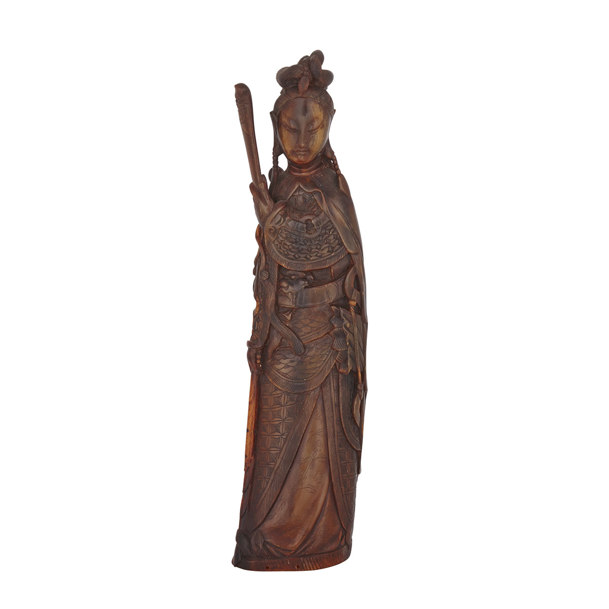 A Large Buffalo Horn Carved Female Warrior, Mu Guiying, Republic Period 