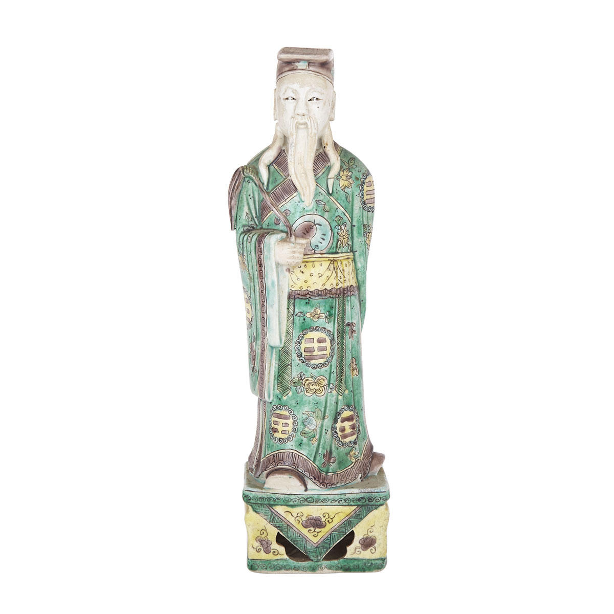 A Biscuit-Glazed Famille-Verte Figure of Immortal, Lu Dongbin, Mid-Qing Dynasty