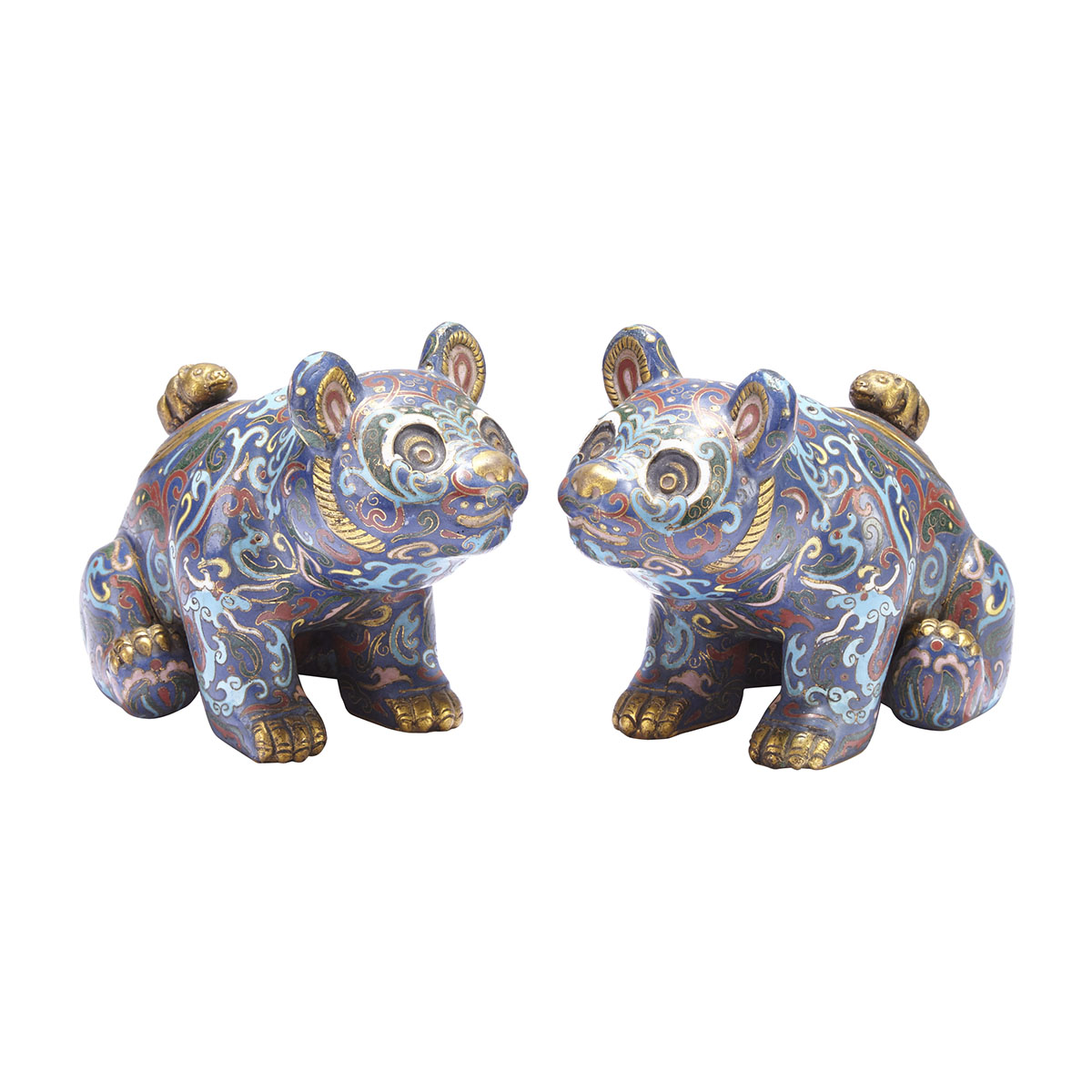 A Pair of Chinese Cloisonné Censers and Covers Shaped as Panda Bears, Early 20th Century