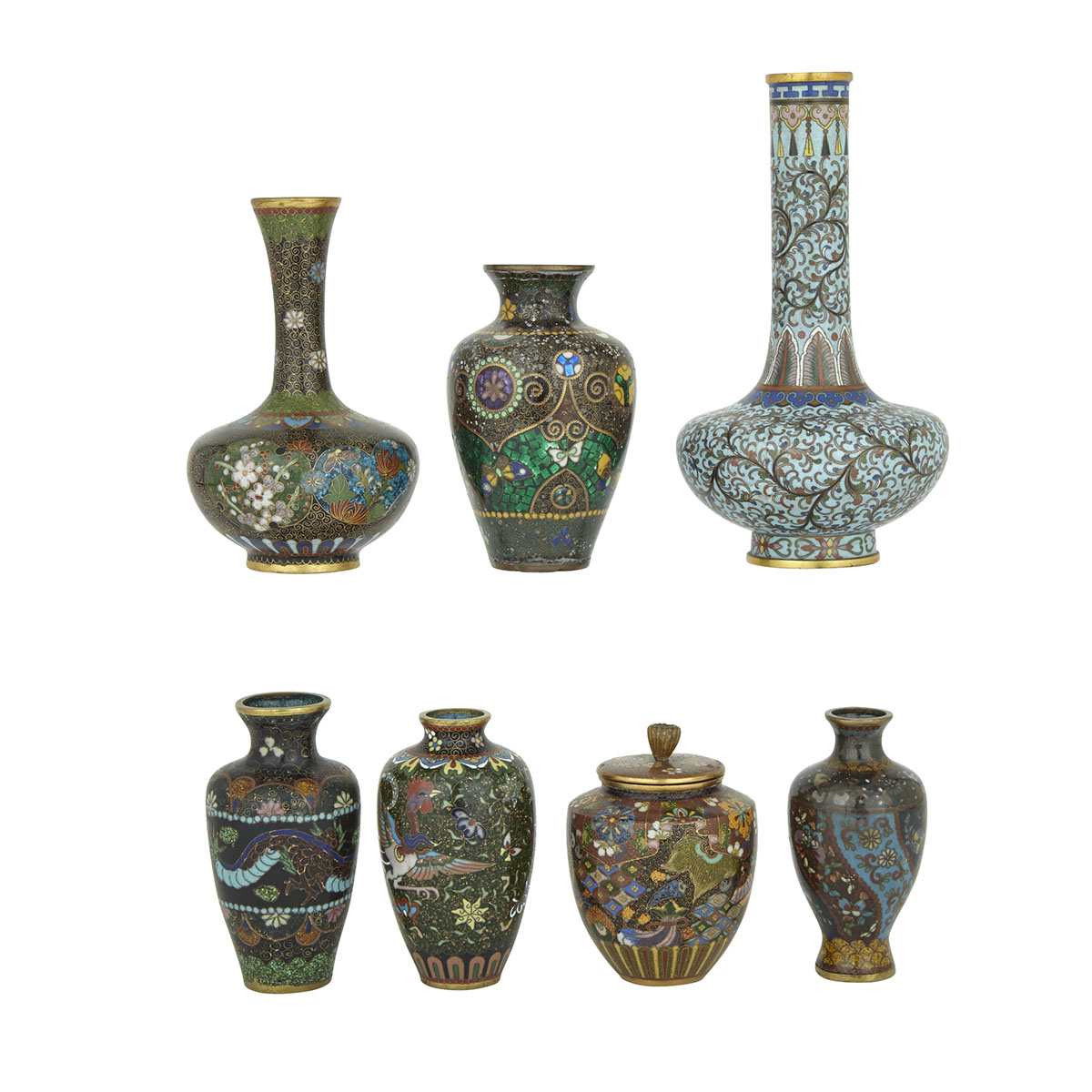 Group of Seven Japanese Cloisonné Vases, Early 20th Century